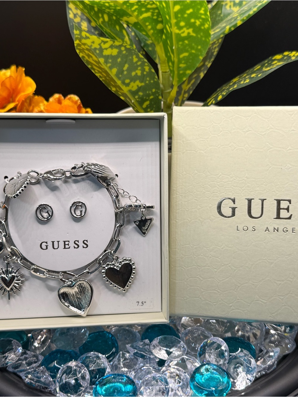 GUESS Silver Heart Charm Bracelet & Earring Set - Silver